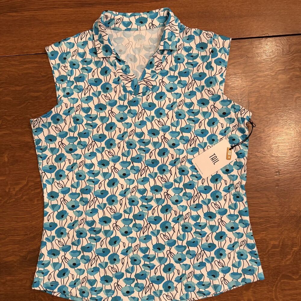 NWT Tail Sleeveless Floral Golf Polo Top Blue White UPF 50 Size M